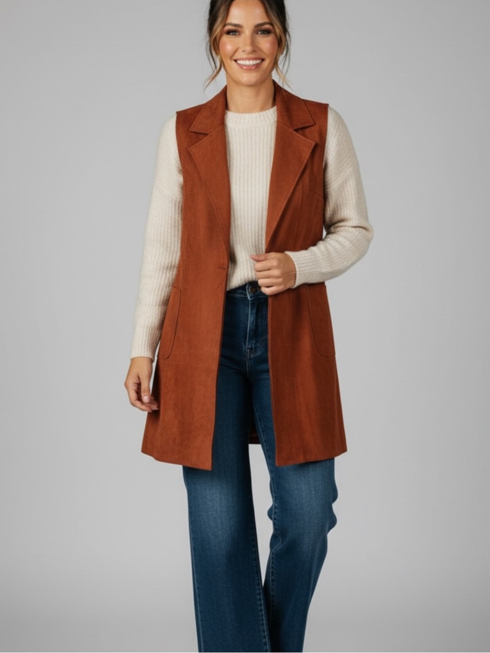 Solitaire by Anthropologie Faux Suede in cognac Longline Sleeveless Long Vest